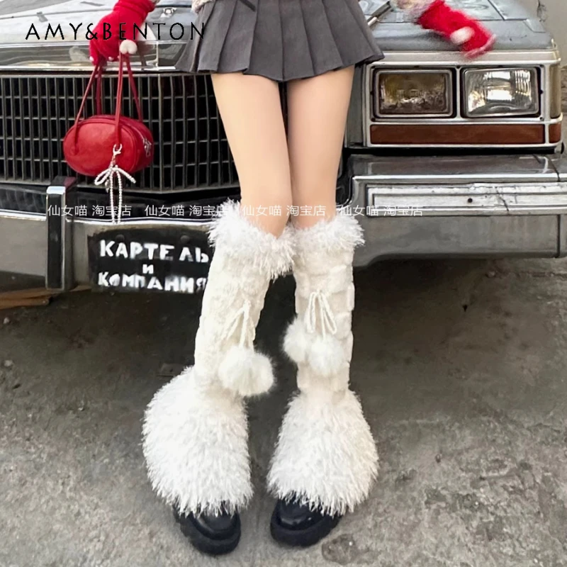 

French Design White Y2K Cute Pom-Pom Tie Fluffy Women's Socks 2026 New Lolita Plush Warm Slimming Versatile Leg Warmers Ladies