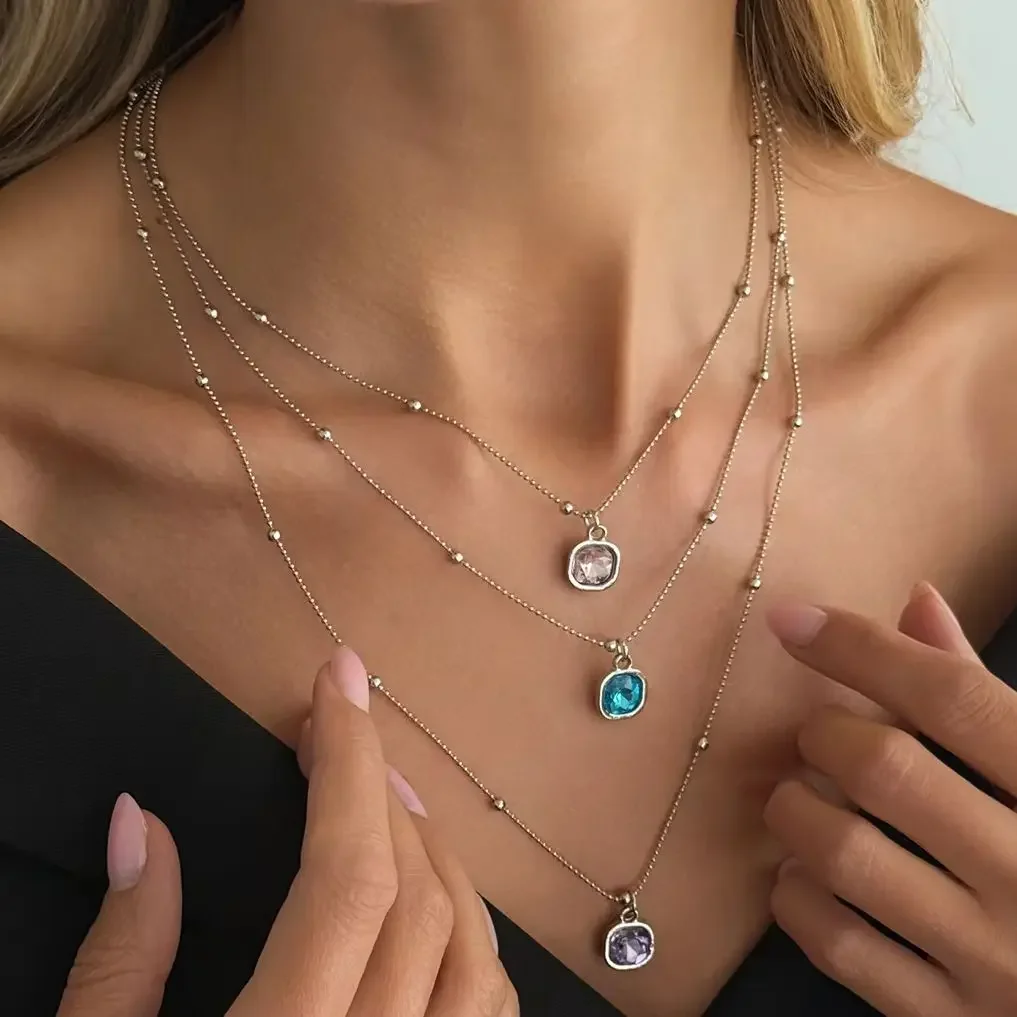 New Exquisite Pink Blue Purple Geometry Glass Rhinestone Pendant Necklace for Women Multiple Layers Metal Chain Y2K Jewelry