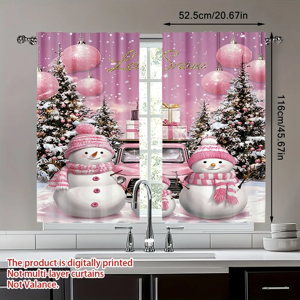 Pink Snowmen Truck Door Curtains 2pcs,Winter Scene Snowflake Ball Semi-Transparent  for Bedroom Living Room Decor