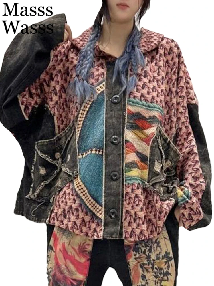 

Masss Wasss 2023 Fall Fashion Clothes Womens Vintage Printed Hooded Big Size Denim Knitted Jacket Ladies Casual Loose Warm Coats