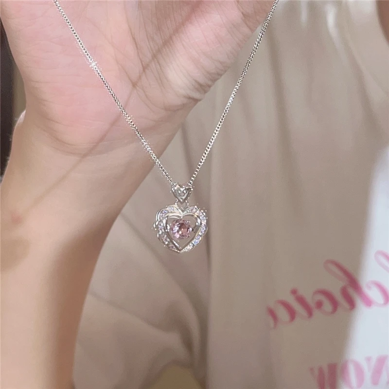 Korean Fashion Vintage Hollow Pink Crystal Heart Pendant Silver Color Chain Neck Necklace For Women Wedding Aesthetic Jewelry