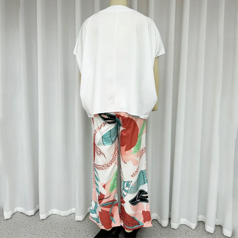 2024 Two-piece Summer Casual Solid V-neck Batwing Sleeve Loose Top with Wide Legs Printed Stretch Waist Pant Suit Streetwear