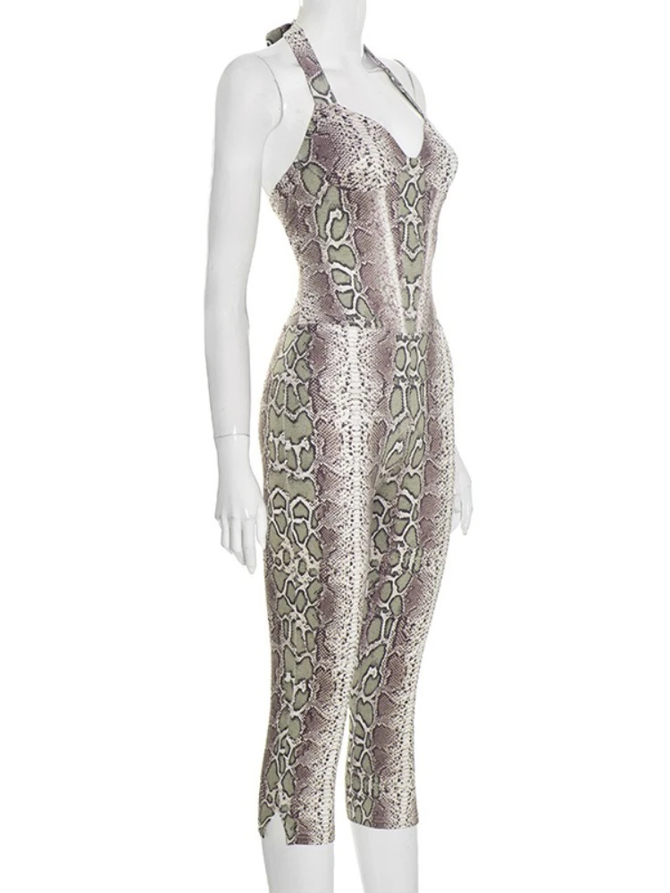 SsTss Damen-Overall, sexy, ärmellos, Schlangenmuster, Neckholder, modisch, V-Ausschnitt, rückenfrei, schmale Passform, figurbetont, sieben Punkte, einteiliger Overall