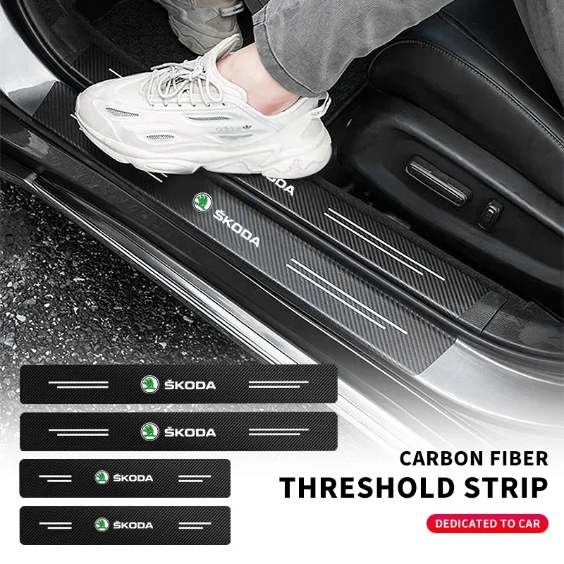 

Carbon Fiber Car Door Threshold Plate Protector Stickers For Skoda Octavia Superb Rapid Kodiaq Karoq Fabia Kamiq Roomster Citigo