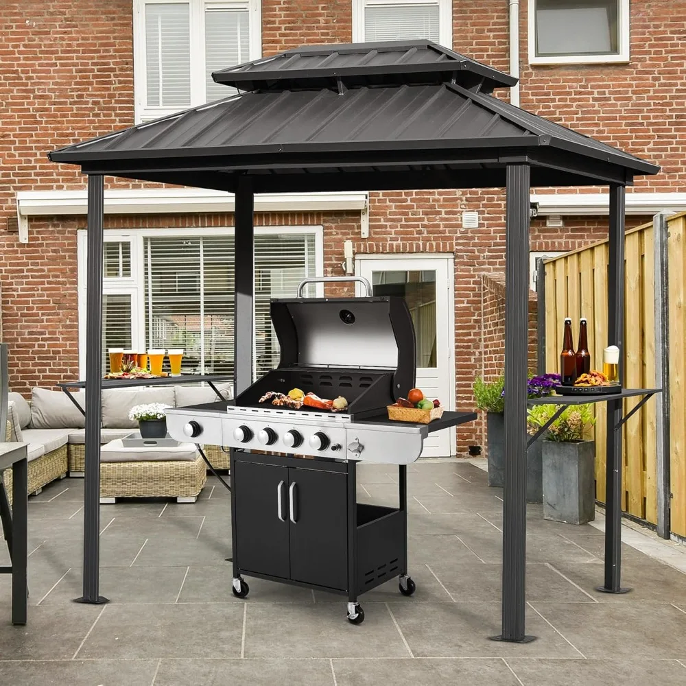 Grill Hardtop Gazebo with Double Galvanized Steel Roof, Aluminum Grill Canopy with Shelves, for Backyard Garden Patio, Gazebo