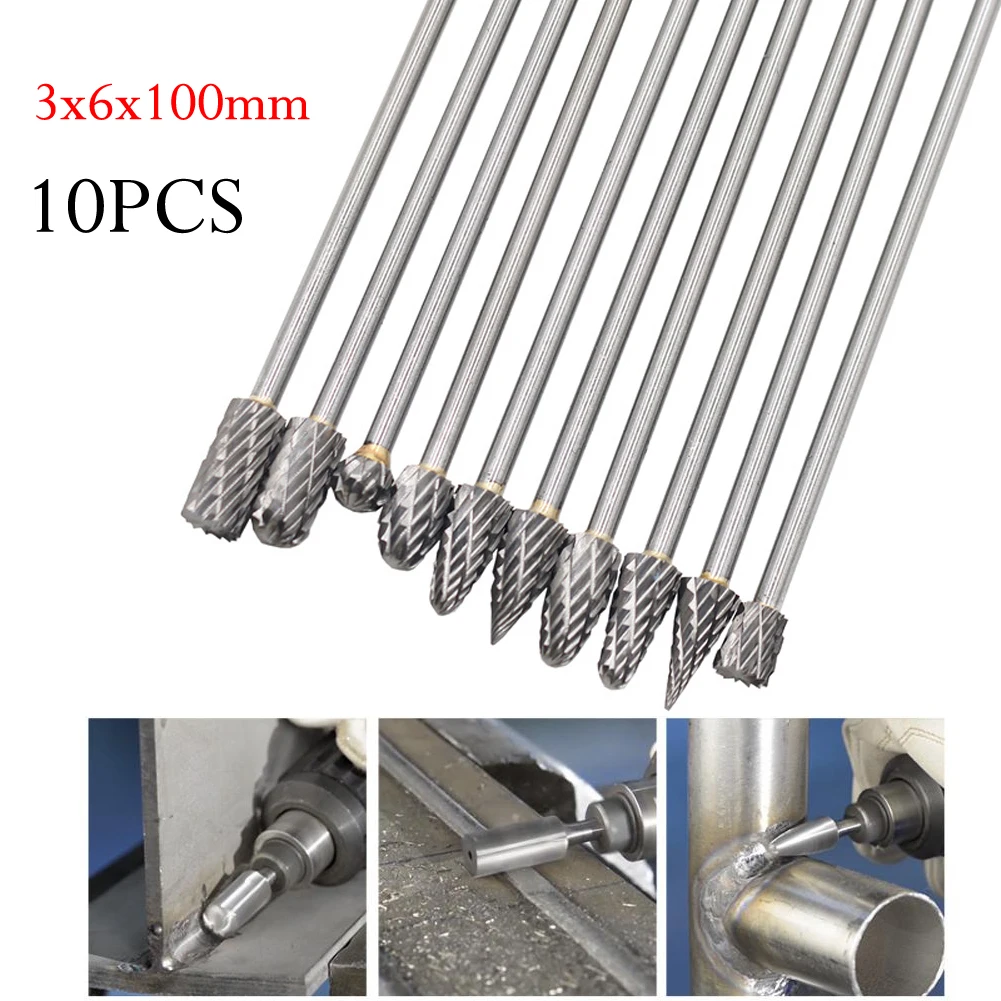 10個入りロータリーバー、3mmシャンク、6mm刃径、金属加工や木彫り用のロータリーツールに使用可能