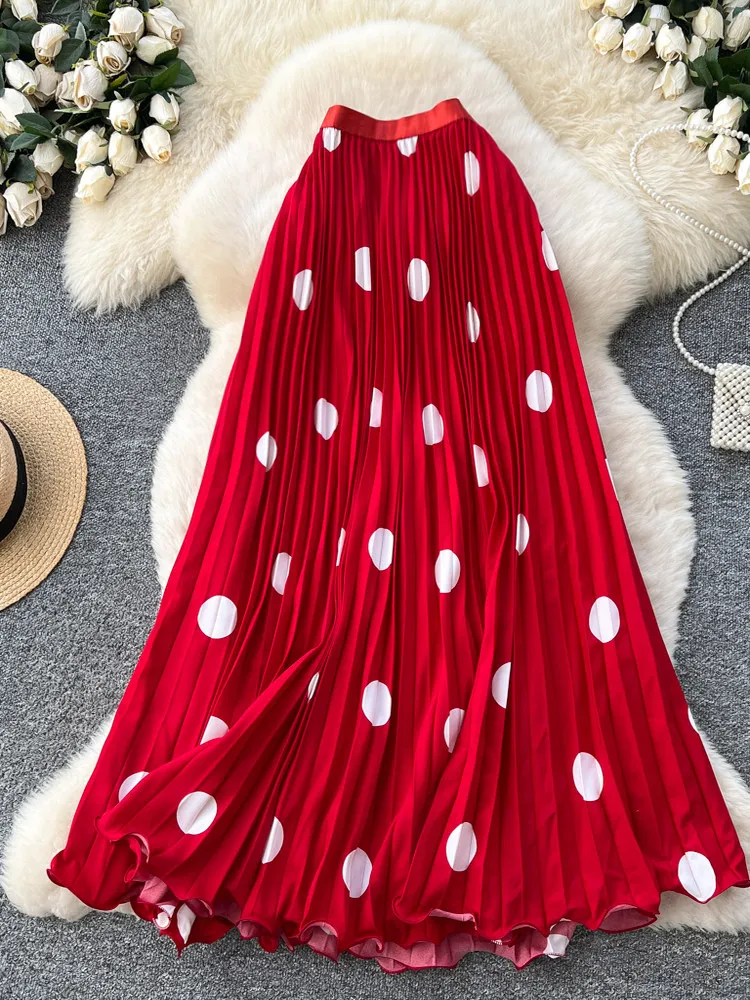 Women Korean Skirt Dot Printed High Elastic Waist A-line Pleated Mid Length Vacation Style Commuting Faldas Female SK085