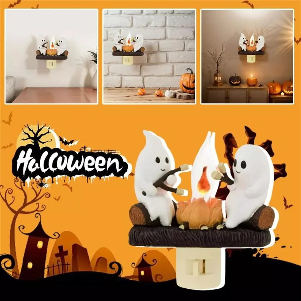 Halloween Ghostly Campfire Flashing Night Light Resin Festival Lantern Fire Marshmallow Night Light Wall Decoration Lamp