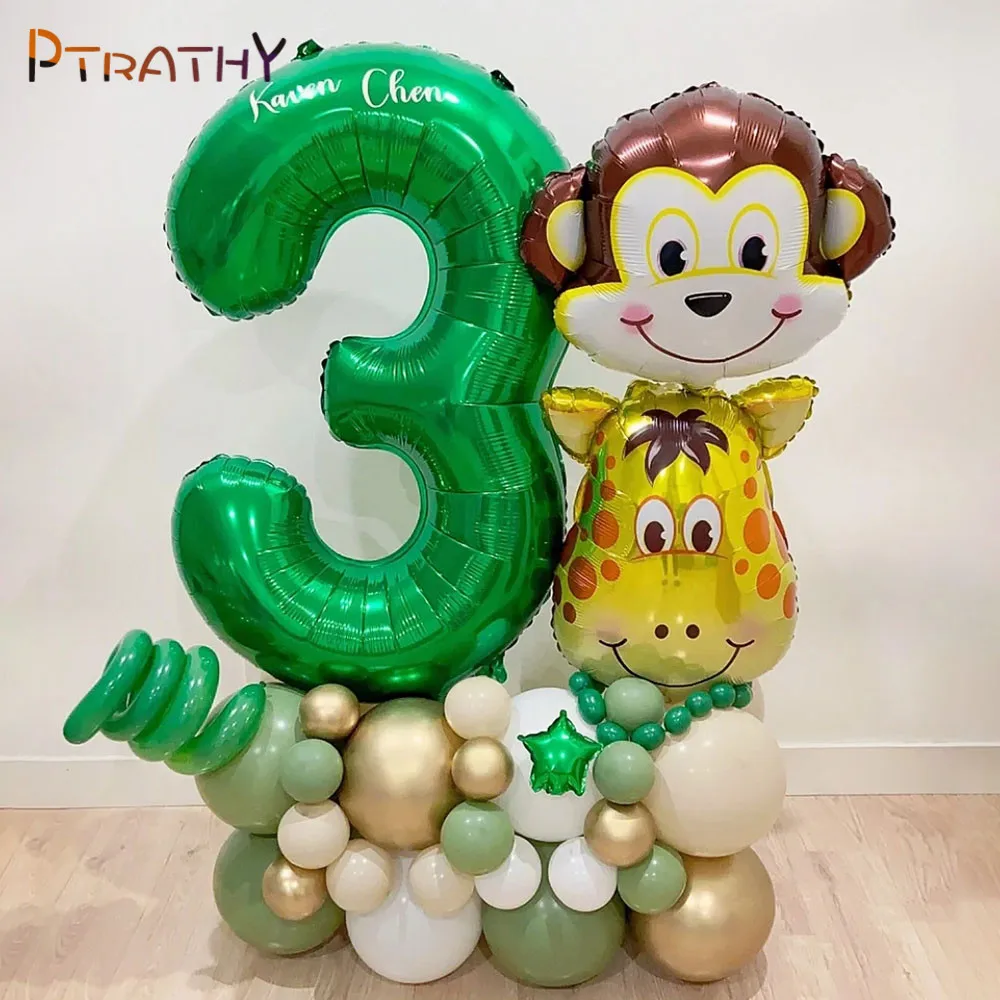 38pcs Giraffe Monkey Head Animal Theme Foil Balloons 32inch Green Number Balloons Kids Birthday Party Gifts Jungle Wildlife Glob