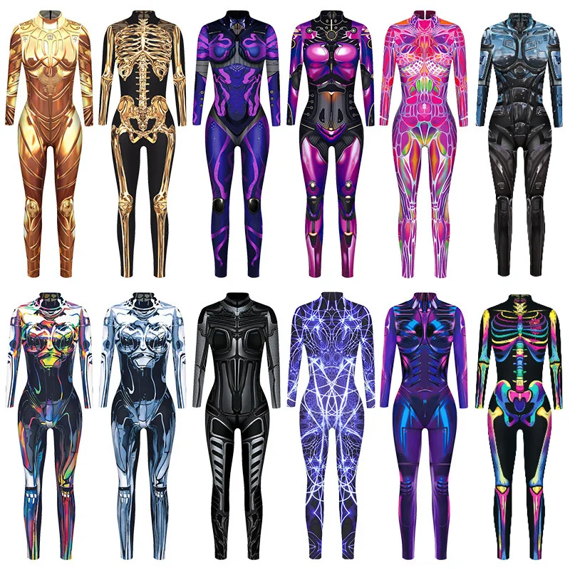 Combinaison skinny imprimée pour femme, costume de cosplay, barboteuses élastiques, costume de batterie, tenue de fête de vacances, Halloween, carnaval