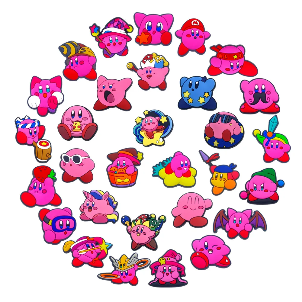 30Pcs/set Cartoon Kirby pink Series Shoe Charms for Clogs Bubble Slides Sandals PVC Shoe Decorations Buckle Accessories for Kids