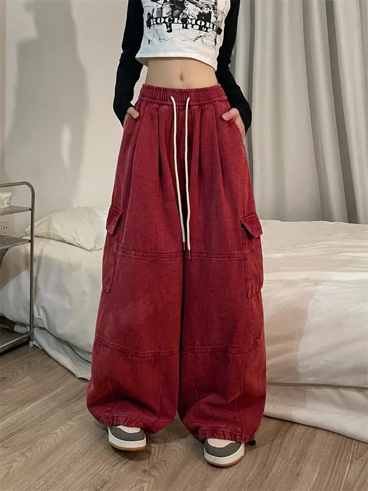 HOUZHOU Y2K Cargo Jeans Women Baggy Denim Pants White Wide Leg Trousers Oversize Casual Female Black Japanese Streetwear Hip Hop