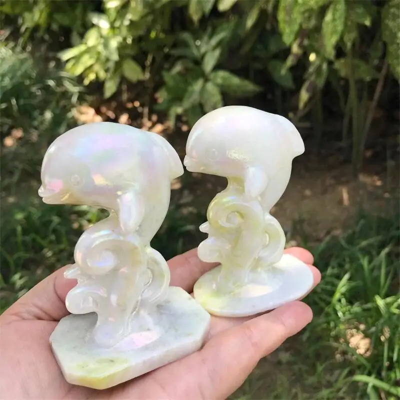 Natural Aura Jade Dolphin Healing Carved Figurine Gemstone Crafts Collection Home Decoration Gift 1PCS