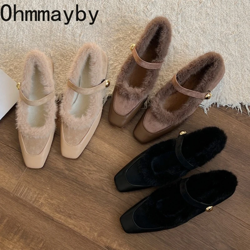 

Autumn Winter Vintage Women Fur Lining Pumps Shoes Concise Square Toe Short Plush Shoes Eelgant Dress Thick Heel Leather Shoes