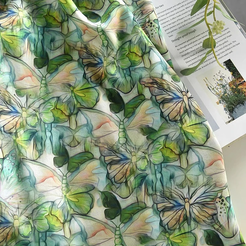 Green Butterfly Printed Rayon Fabric, Soft and Comfortable Fabirc for Dress Pants Blouse,145CM Wide 200G/M Smooth Fabric R508