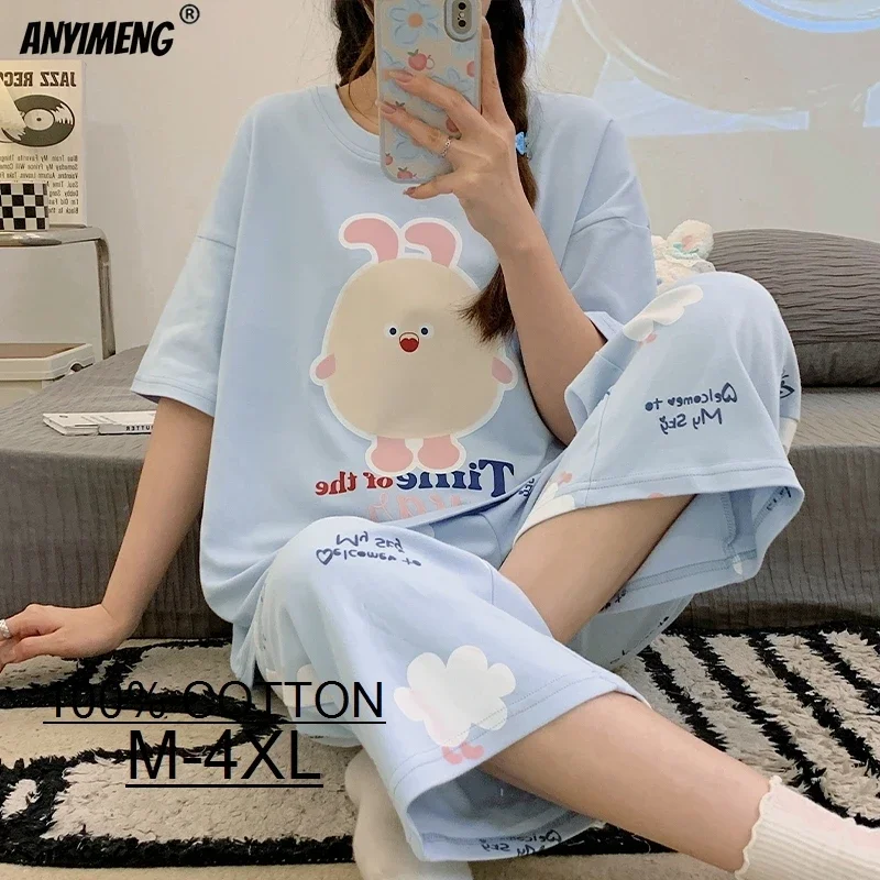 100% Cotton M-4XL Women Pajamas Set Summer Sleepwear Short Sleeve Knee-length Pants Nightwear Capris Loungewear Cartoon Pijama