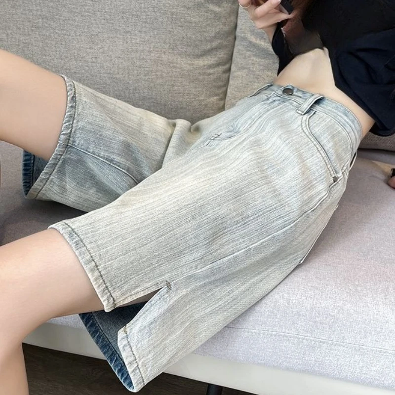 

Light-colored Denim Cropped Shorts 2025 Summer Thin High Waist Retro Striped Split Loose Wide-leg Women's Pants