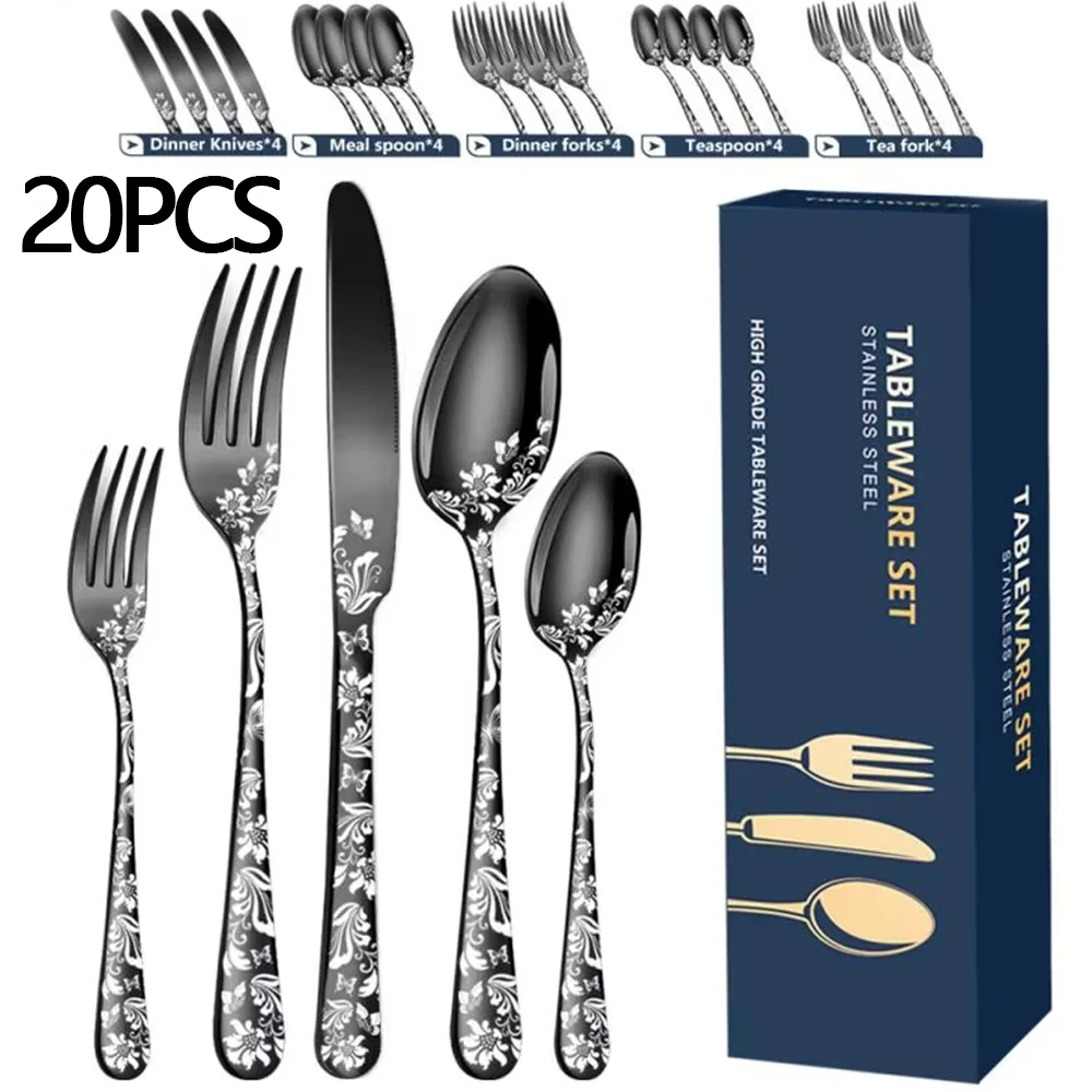 20PCS Stainless Steel Tableware Set Knife Fork Spoon Gift Box Skull Head Tableware Set Western Food 4-Person Components