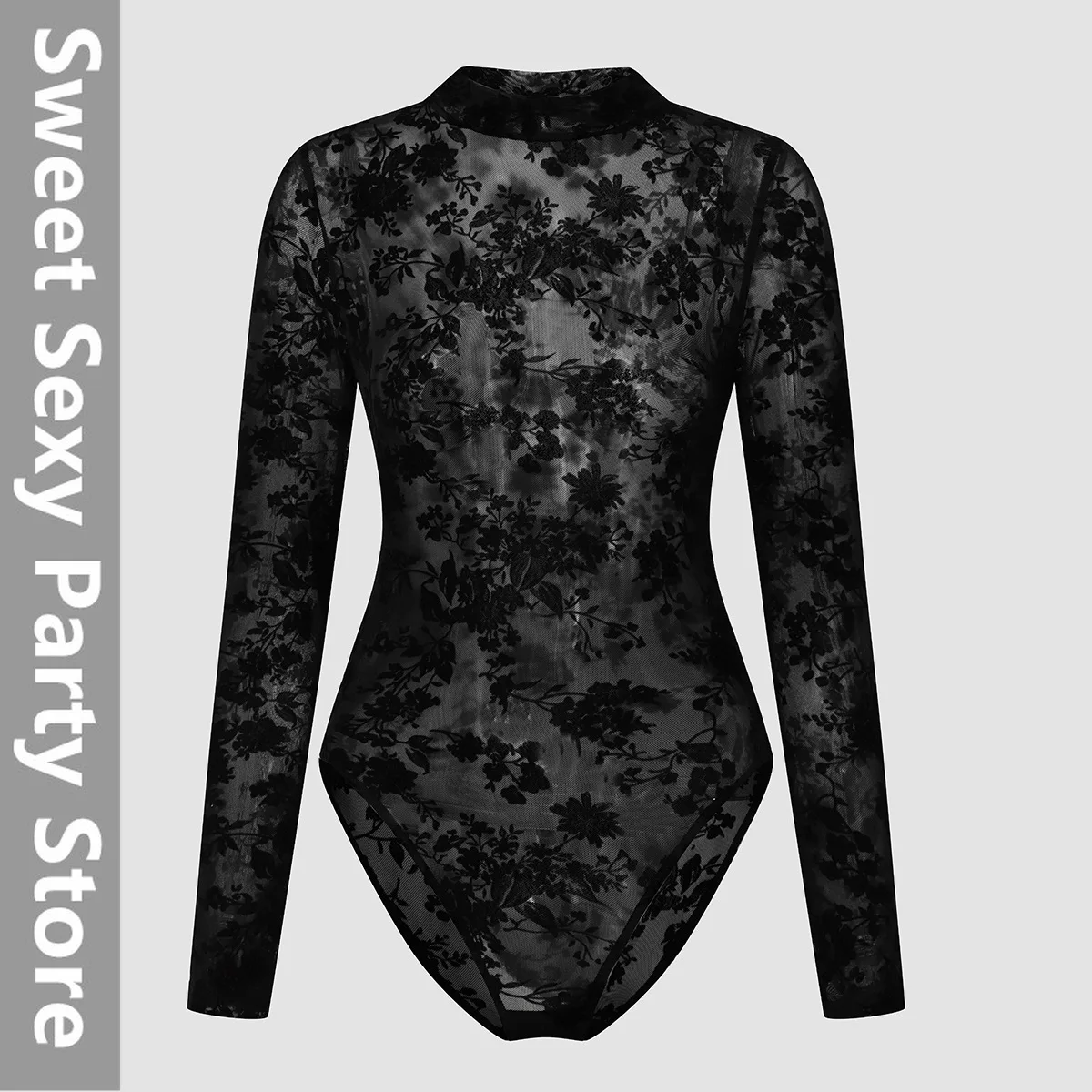 

2025 new European and American sexy slim-fit lace flocking printing perspective primer long-sleeved onesie 10804