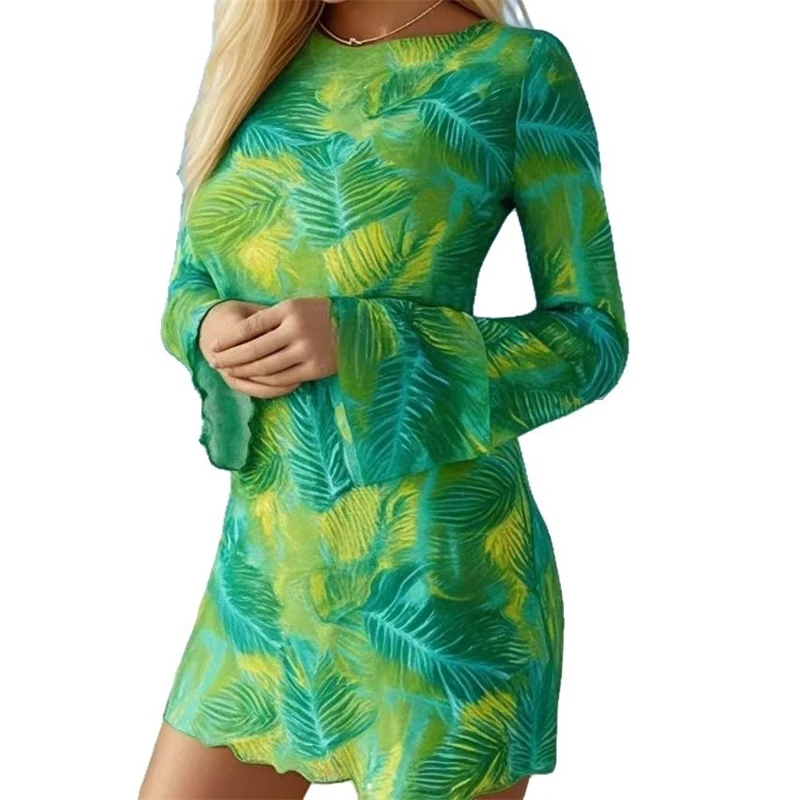 トレンディなビーチウェアドレスシックなシアーメッシュ水着カバーアップベルスリーブビーチドレス夏休みの衣装女性のセクシーなビキニ