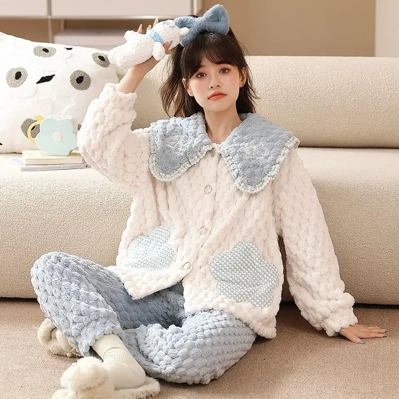 2024 neue Frauen Pyjamas Herbst Winter weibliche Flanell verdicken warmen zweiteiligen Anzug lose lässige Homewear Mode Nachtwäsche-Sets