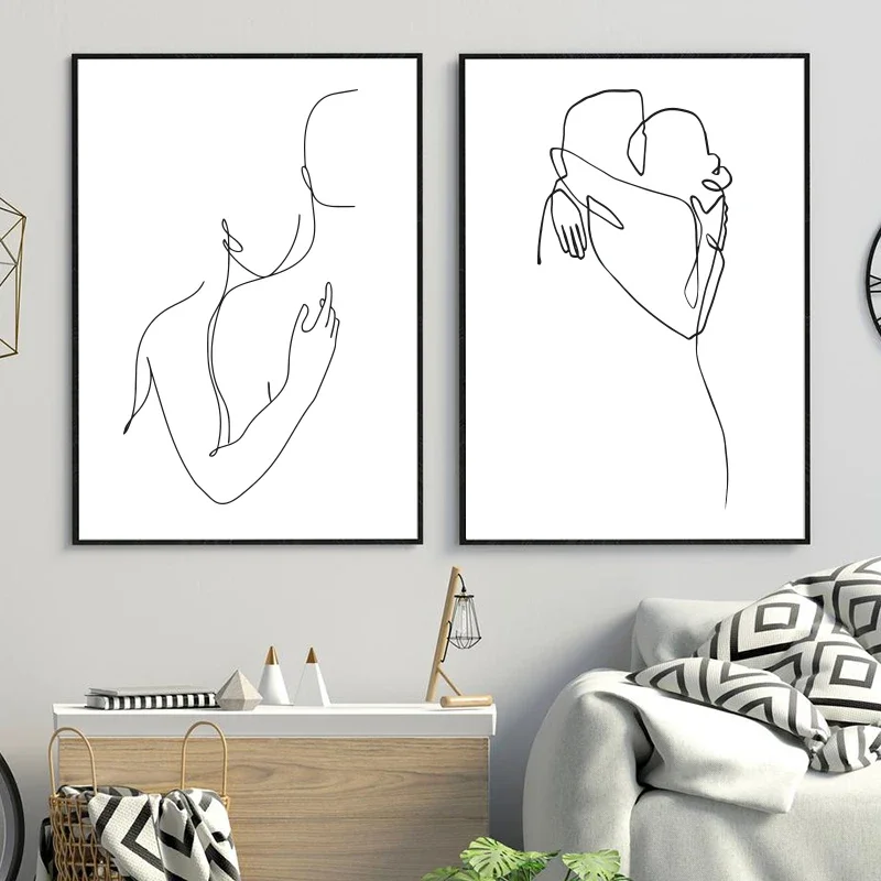 Abstract Couple Body Hugs Line Drawing Print PosterLove,Romantic,BlackWhite, Minimalist Wall Art, Canvas Painting, Bedroom Decor