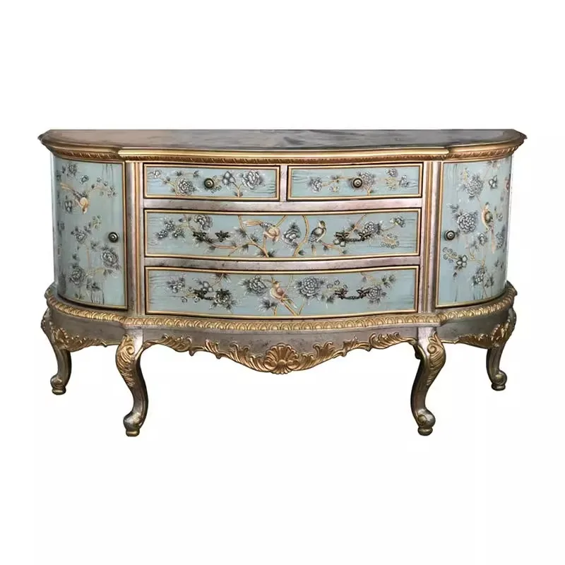 

European solid wood porch cabinet French semi-circular decorative cabinet American flower and bird painted dining side cabinet c