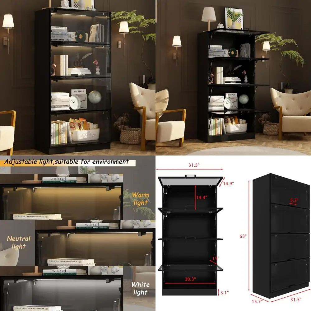 خزانة عرض زجاجية حديثة طويلة مع أضواء LED ثلاثية الألوان، وأرفف من 4 طبقات، وخزانة تخزين لرف الكتب المعاصرة