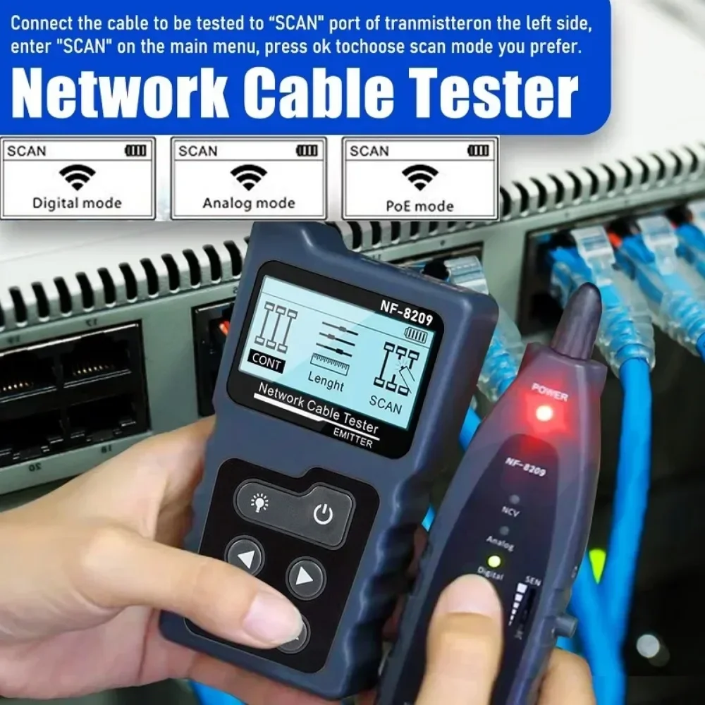 النسخة الإنجليزية NF-8209 RJ45 تستر كابل المقتفي POE شبكة سلك مدقق كابل اختبار أداة الشبكة مسح كابل Wiremap Ut