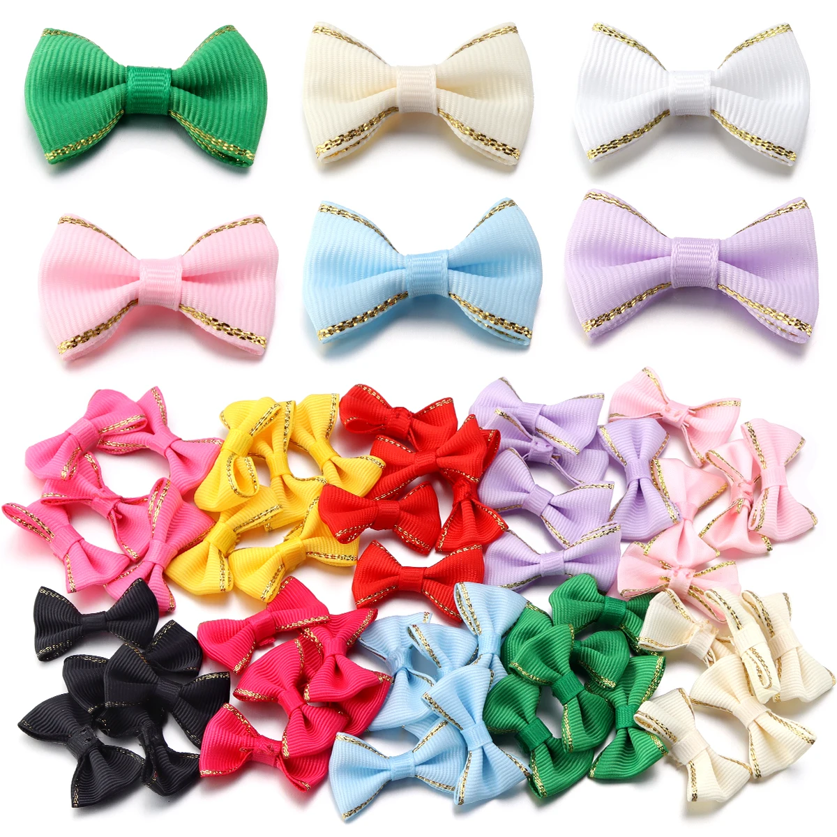 30pcs Mini Satin Ribbon Bows Color Gold Edge Grosgrain Bownots for Handmade DIY Ties Headwear Clothing Decoration Accessories