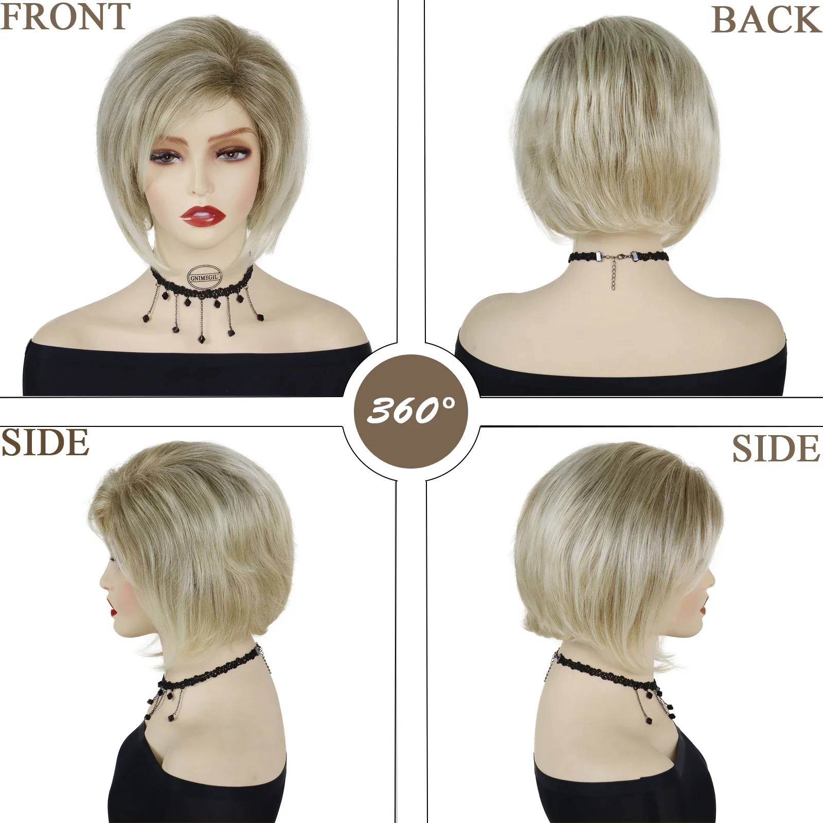 Synthetic Mixed Blonde Wig with Bangs Short Wigs for Women Natural Straight Hair Soft Bob Wig Old Ladies Daily Cosplay Lolita