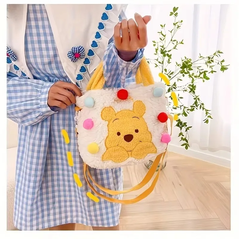 Disney Pooh Bear Plush Handbag Anime Fashion Cartoon Single Shoulder Tote Bag Cute Children Student Birthday Gift Plush Bag New