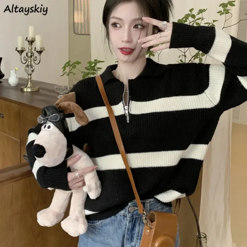 Striped Pullovers Women Zipper Autumn All-match Korean Style Soft Knitwear Jumpers Female Daily Vintage Fluffy Loose Casual 2024