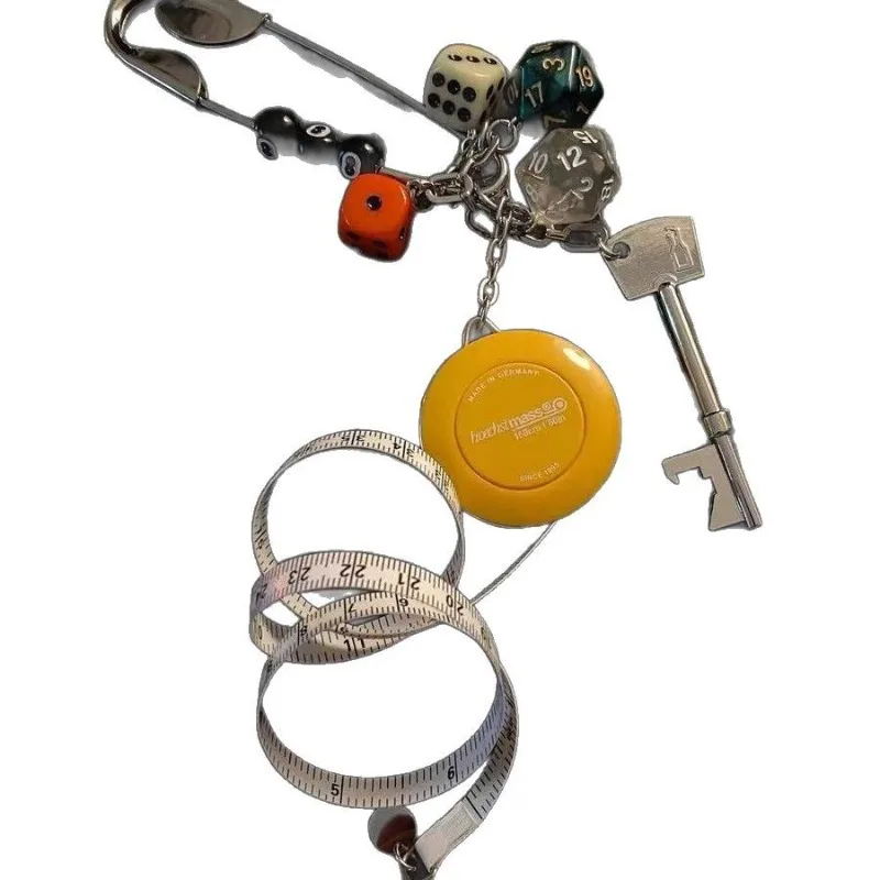 Harajuku Punk Safety Pin Keychain Vintage Dice Tape Measure Pendant Key Ring for Men Women Goth Grunge Bag Charms Pants Chain