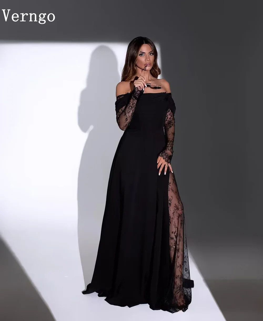 Verngo Black Lace Prom Gown Off The Shoulder Full Sleeves Evening Dress Women Side Slit Sexy Dresses For Black Girl