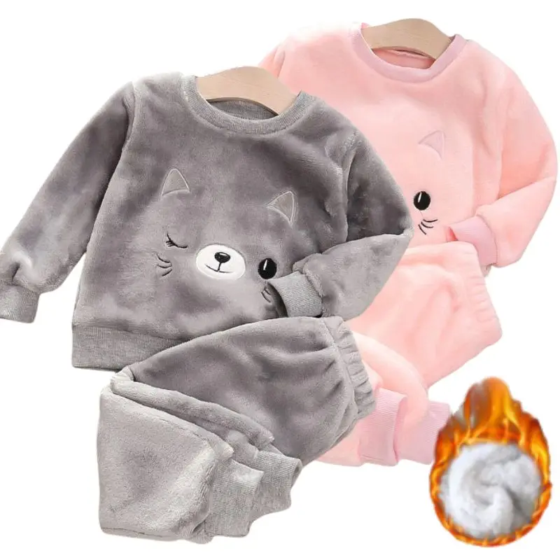 1-4Y Boys Pantsuit Plus Velvet Flannel Family Outfit Child Winter Warm Sleepwear Suit Girls Thick Coral Fleece Pajama Sets 2Pcs