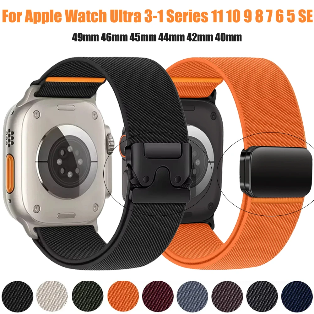 Nylon-Armband für Apple Watch Ultra 3 2 1 49mm 11 10 42mm 46mm Magnetisches Elastisches Verstellbares Band für iWatch 9 8 7 6 45mm 41mm 44mm 40mm
