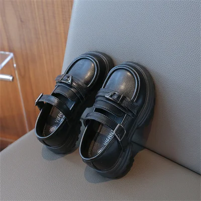 Girls Black/dark Brown Non-slip Round Toe Leather Shoes, Girls 2024 Spring and Autumn PU Casual Leather Shoes, Size 26-36