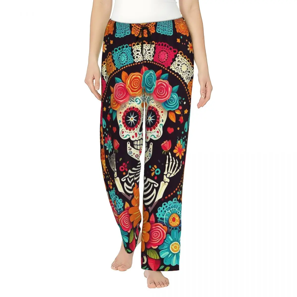 

Custom Mexican Skull Calavera Illustration Women Pajama Pants Lounge Sleep Sleepwear Bottoms with Pockets
