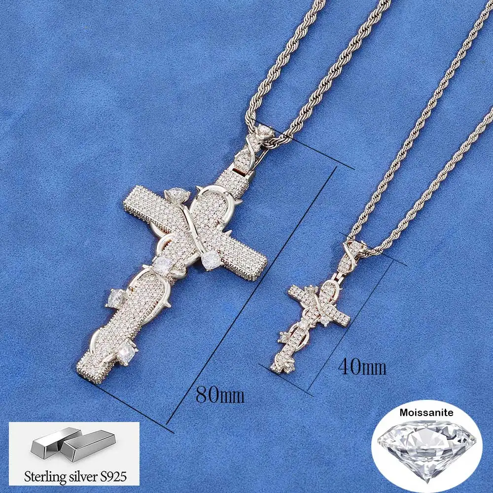 Collier pendentif NUOYA de luxe en moissanite et argent sterling 925, croix/pendentif de prière entouré de épines, passe le test du diamant, excellent cadeau