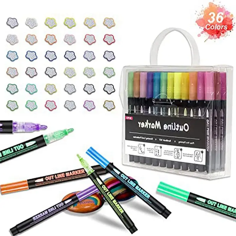 

ABZT 12 Colors Outline Metallic Markers, Acrylic Paint Marker Paint Pen Glitter Drawing Pen for Wood, Rock Painting