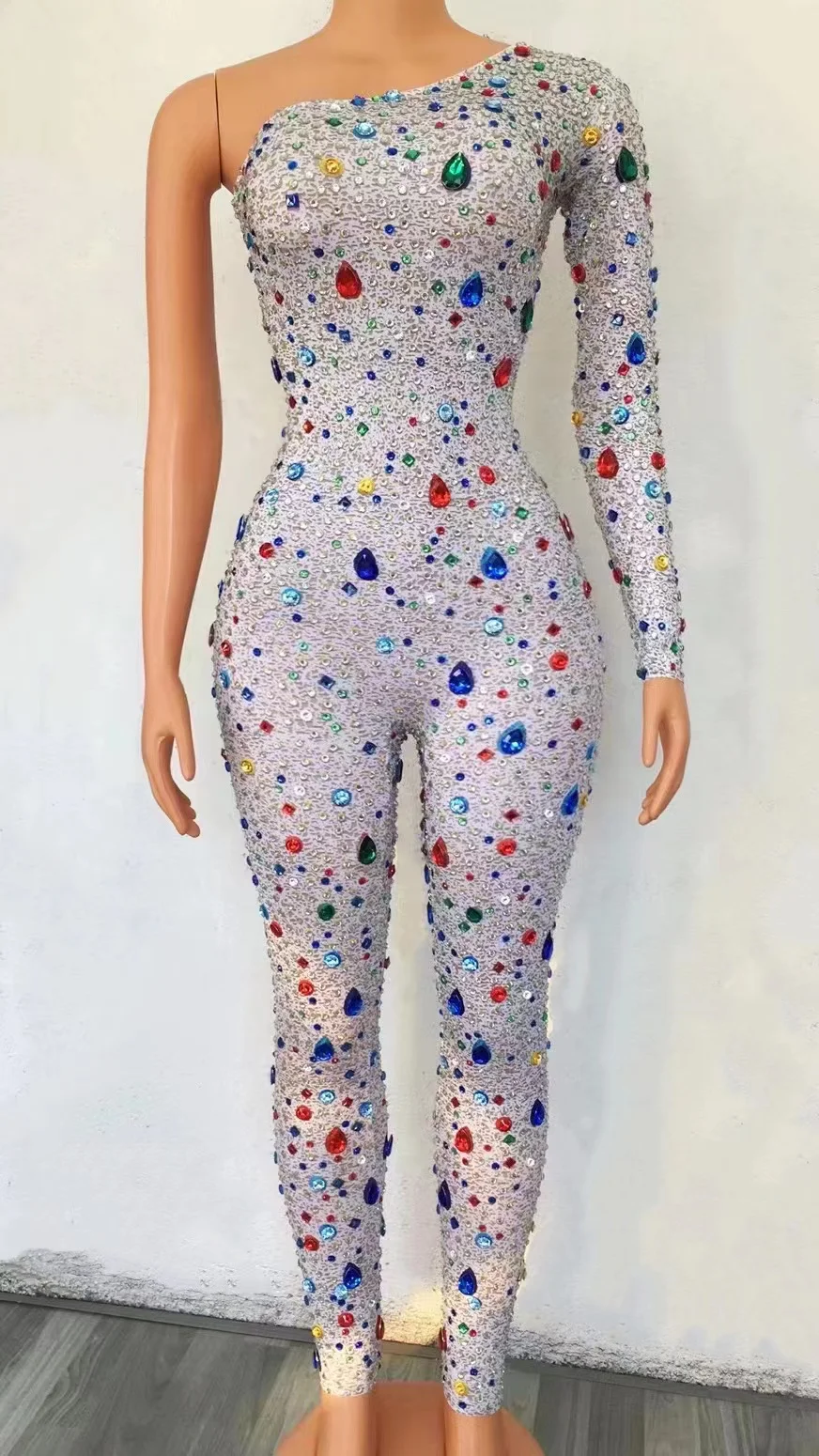 Sparkly Colorful Bodysuit  Crystals Stones Jumpsuit Sexy Mesh See Through Rhinestones Rompers Stage Birthday Dance Wear