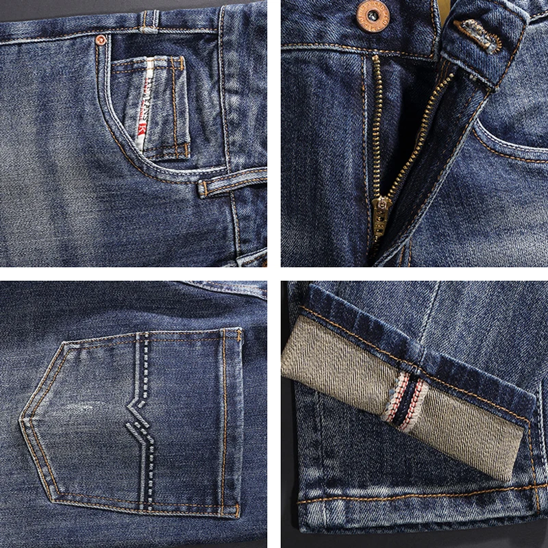 Fashion Designer Men Jeans High Quality Retro Washed Blue Elastic Slim Fit Vintage Jeans Men Embroidery Casual Denim Pants Homme
