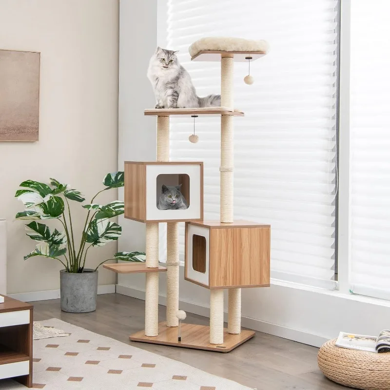 Modern Cat Tree for Indoor Cats, 64.5 Inch Tall Cat Tower with Sisal Scratching Posts, Washable Cushions, Top Perch, 3 Jingling