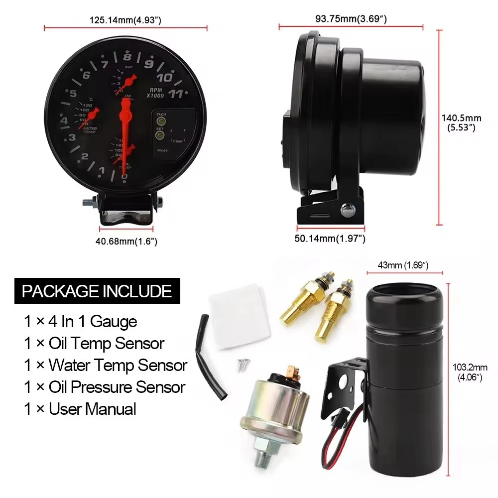 5'' Red Light Speed Oil Temperature Oil Pressure Water Temperature Black Four in One 12V General Motors Modified Instrument