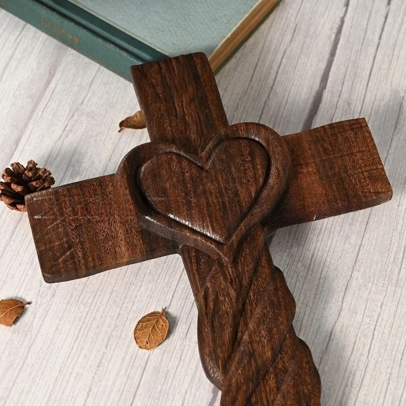 Heart-Shaped Solid Wood Carved Cross Wall Decor for Bedrooms and Home Offices “Hearts United” Cross Ornament