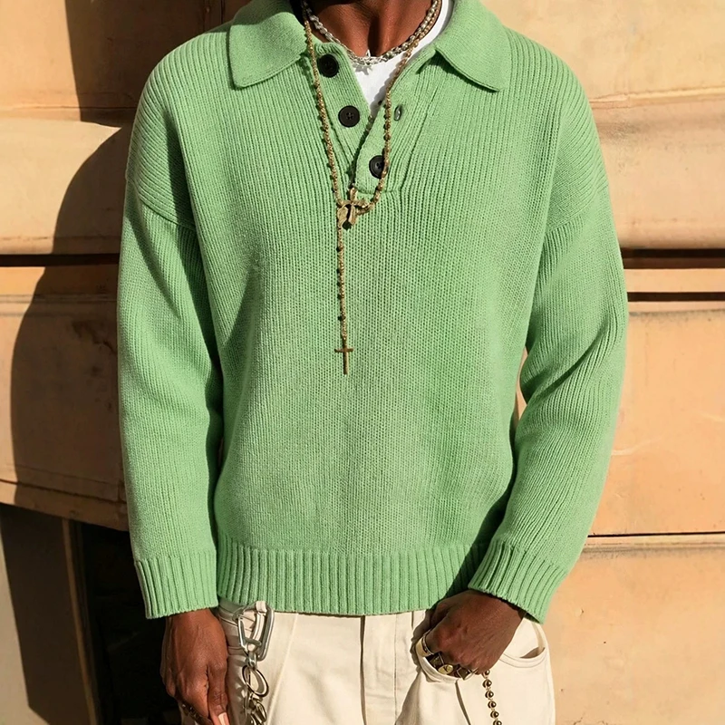 Vintage Polo Collar Sweater Mens Casual Solid Color Long Sleeve Knit Jumpers For Men Fall Winter Fashion Sweaters Knitting Tops