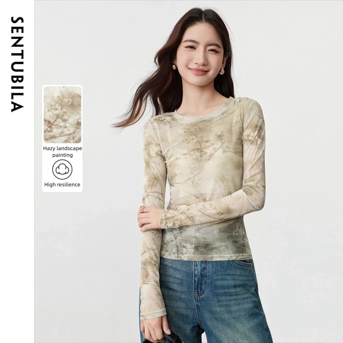 

SENTUBILA Women's Print T-shirt 2025 Autumn Casual Sheer Mesh Slim Fit H-line O-neck Knitted Pullover Elegant Tops 153TE2713