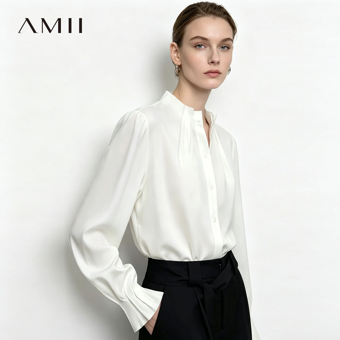 Amii Women's Stand Collar Satin Blouse Flared Sleeve Oversized Long Sleeve Minimalist Shirt Office Casual 2026 Autumn 12643115