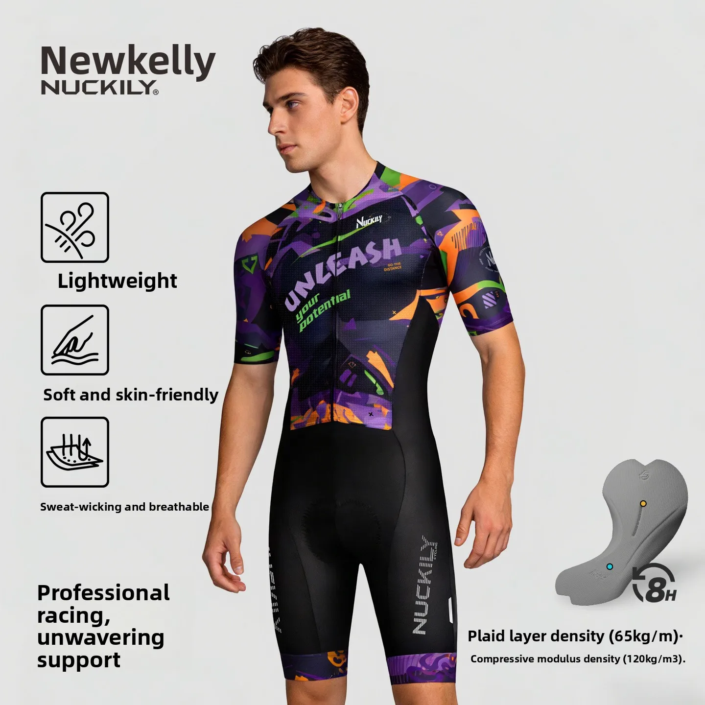 NUCKILY Men's Cycling Skinsuit Short Sleeve One-Piece Bike Suit 8H 3D Pad Road MTB